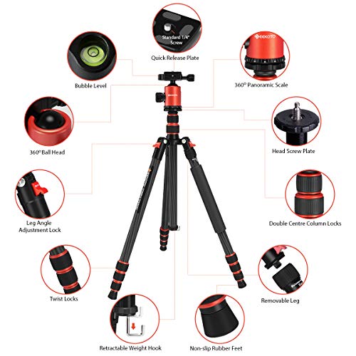Geekoto 79 Inches Carbon Fiber Camera Tripod Monopod With 360 Degree Ball Head 1/4 Inch Quick Shoe Plate Professional Tripod Load Up To 26.5 Pounds #TOP7