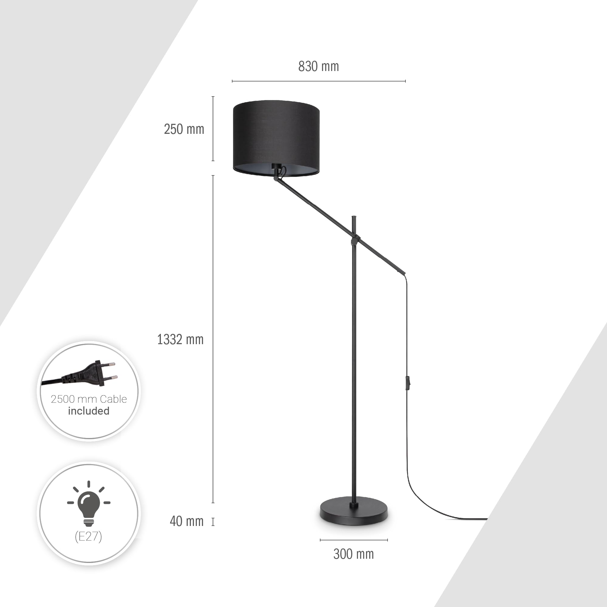 Paco Home Tischlampe Stehlampe Pendellampe Wohnzimmer Esszimmer Schlafzimmer Runder Schirm aus Stoff Modern Stylisch E27, Lampenart:Stehleuchte, Farbe:Schwarz-Grau