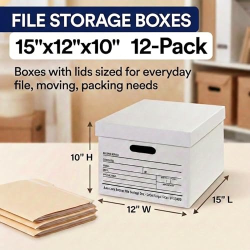 Image of BOX USA Boxes with Lids and Handles (12-Pack) - File Storage Boxes for Office Supplies, Book Storage, Moving, and Packaging