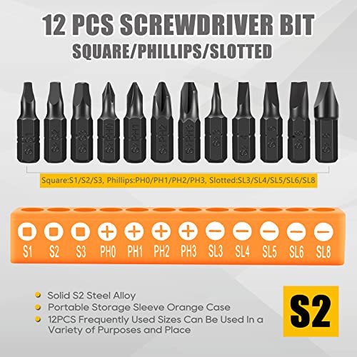 Aej 12-Pack Screwdriver Bit Set, Square Slotted Phillips Driver Bit Set, 1/4 Hex Shank, S2 Steel, 1"Long Drill Bits Set #TOP1