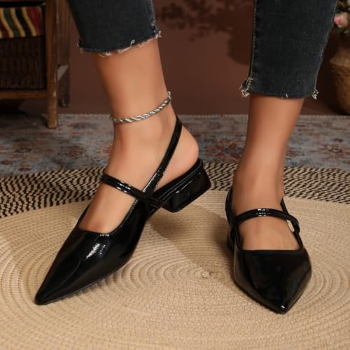 Women's Closed Pointed Toe Slingback Heels with Cross Strap 1 Inch Low Chunky Block Slingback Pumps for Women Dress Evening Party Backless Shoes Patent Leather2