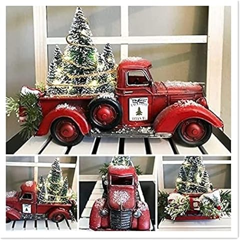 Red Farmhouse Truck Vintage Pickup Truck Christmas Centerpiece with Trees for Kitchen Table Decor Cover