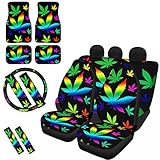 FKELYI Colorful Weed Pot Marijuana Leaves Car Seat Covers Full Set with Stretch-On Steering Wheel...