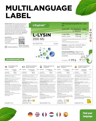 L-Lysin - 365 Tabletten - Hochdosiert mit 2000 mg L-Lysin HCL pro Tag - Aus pflanzlicher Fermentation - Ohne unerwünschte Zusätze - Vegan