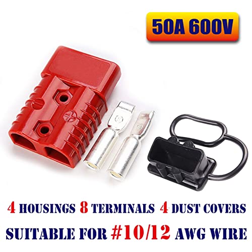 Mr.Brighton LED 50Amp Anderson Compatible 2 Pole Power Connector Plug Red w/Terminals for #10/12 AWG Wire[4 housing+8 Terminal pins+4 dust Covers]