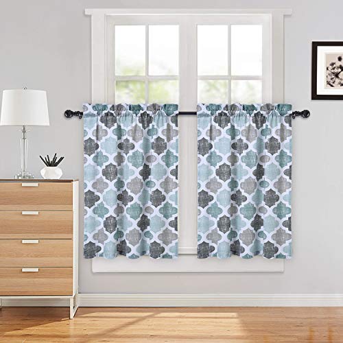 Haperlare Tier Curtains, Geometric Pattern Short Window Curtain For Bathroom, Cotton Blend Trellis Design Half Window Kitchen Cafe Curtains, 28" X 36", Gray/Aqua, Set Of 2 #TOP7
