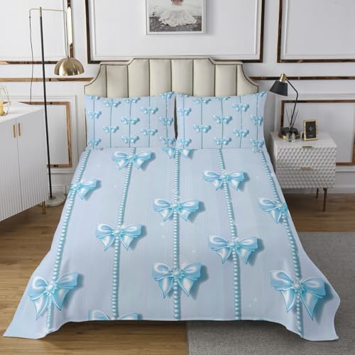 Erosebridal Blue Bow Queen Bedding Set for Girls, Blue Coquette Bows Quilt for Kids Teen, Ribbon Bow Tie Quilts Bed Set, Princess Style Girly Bedspread Room Decor with 2 Pillowshams