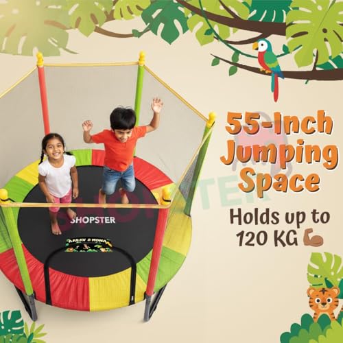 Image of Shopster 55-Inch Kids Personalized Round Trampoline with Safety Enclosure Net - Padded Spring Cover, Durable Steel Frame, Indoor /Outdoor Use, Supports Up to 120 kg - Multicolor
