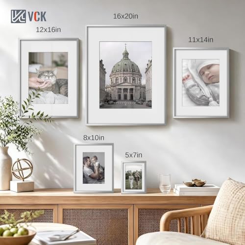 Image of VCK 5x7 Picture Frame Silver Metal, Real Glass, 4x6 Mat, Set of 6, for Arts
