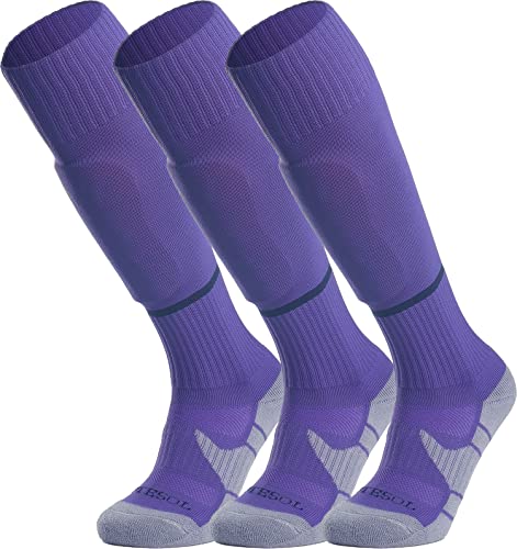 APTESOL Youth Soccer Socks Knee High Team Sport Cushion Sock Women Men Long Tube Cotton Athletic Compression Socks (3-Pair Purple-B Large)
