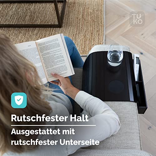Sofatablett Tuko mit Armlehne aus Bambus und Getränkehalter