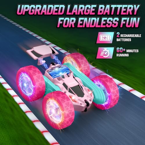 Image of Hamdol Pink Remote Control Car for Girls, Double Sided with Shining Headlights & Wheel Lights, Girl Princess Toys, Rechargeable Toy Car for 6-7 6-8 9 10-12 Year Old Girls Birthday, Valentines Gift