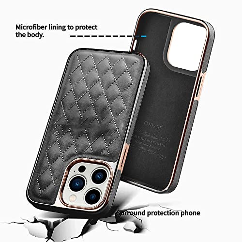 Image of PULOKA iPhone 14 PRO MAX Vegan Leather Back Cover Royal Diamond Pattern with Electroplated Case Compatible for Apple iPhone 14 PRO MAX 6.7 inchinch - Black