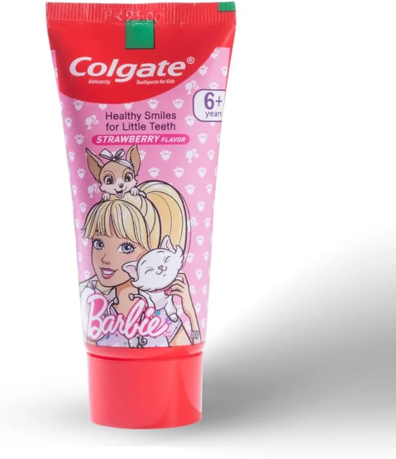 Colgate Kids Barbie Complete Dental Care Strawberry Flavour Toothpaste 80g and PhosFlur Mint MouthWash 500ml with Toothbrush Extra Soft with Tongue Cleaner for Children Above 6 Years