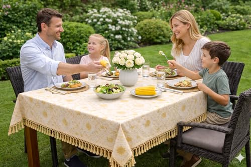 Image of Foil Print Table Cover 46x60 Inch (1 Pc) | Gold Printed Decorative Tablecloth for Center Table, Coffee Table & Dining Table (Off White- Golden)