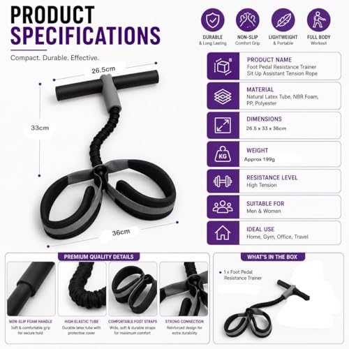 Image of ZURATO Sit Up Assistant Tension Rope with Foot Pedal Resistance Band for Home Workout, Abs Trainer Exercise Pull Rope for Yoga, Stretching, Core Training, Fitness Equipment for Men & Women (Grey)