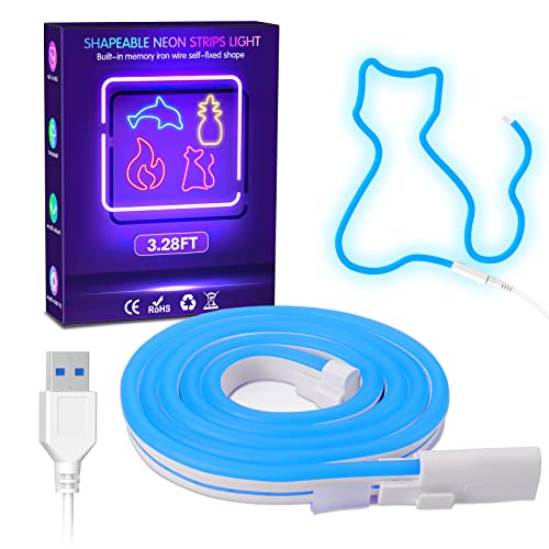 Rayhome Shapeable Neon Strip Light, LED Neon Light Strips 5V USB & Batteries Operated Neon Sign for Bedroom Wall Decor, 3.28ft/1m Waterproof Neon Rope Lighting for Decorative Lights Home Decor (Blue)