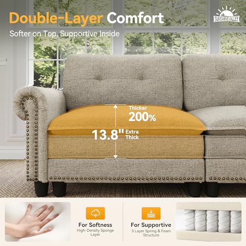 Image of SUNSHINE VALLEY 103.1 inch Modular Sectional Couch for Living Room Deep Seats | Mid-Century Modern 3-Seater Cloud Sofa, Light Grey, Rolled Arms & Nailhead Trim, Wider & Deeper Seats, Soft Linen