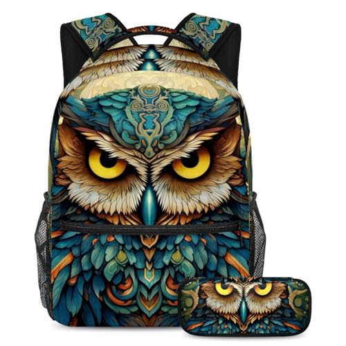 Cartables de grande capacité motif hibou artistique avec trousse pour étudiants et voyages