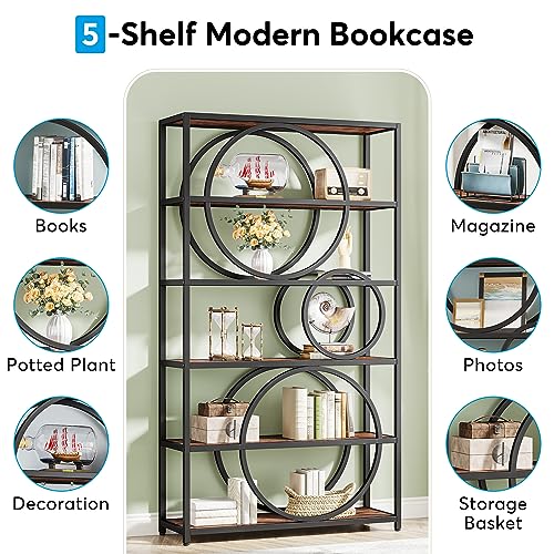 Image of Tribesigns 5-Tier Bookshelf, 71 inch H Industrial Book Shelf Large Bookcases and Bookshelves with Chic Circular Design, Tall Open Shelf Storage Rack for Home Office Living Room, Rustic Brown