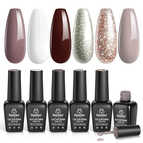 beetles Gel Polish-6 Pcs Burgundy Red Brown Champagne Gold Gel Polish Kit Snow White Nude Grey Soak off Nail Gel Polish Manicure Kit Gift