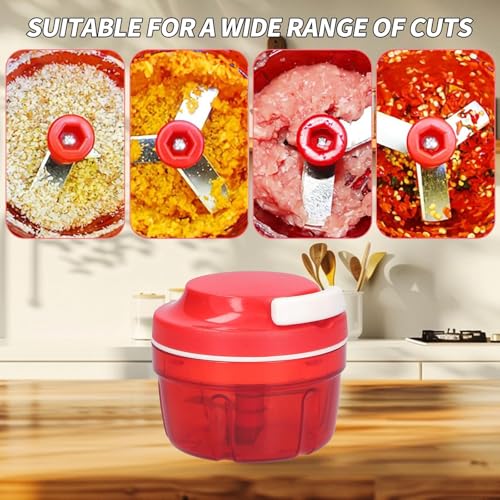 Zwiebelschneider, Zwiebelschneider mit Seilzug, Multizerkleinerer Manuell, Gemüseschneider Haushalt Kordelzug Design, Handbuch Gemüsehacker, Shredder Fleischmixer, Küchenbedarf (Rot-300ML) 5