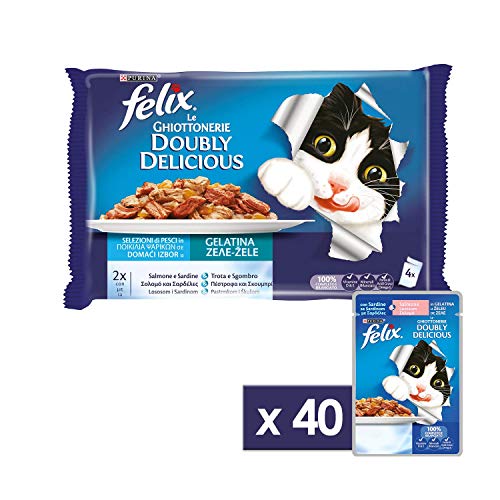 PURINA FELIX Le GHIOTTONERIE Doubly Delicious Umido Gatto con Salmone&Sardine, Trota&Sgombro  - 40 buste da 100g ciascuna (10 confezioni da 4x100g)