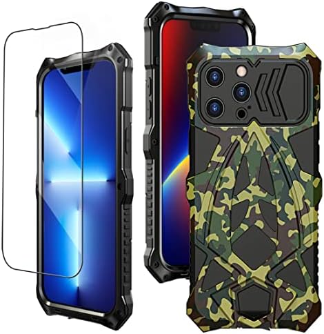 KumWum Armor Phone Case for iPhone 13 Pro Military Grade Protective Heavy Duty Full Body Cover Aluminium Bumper Built-in Silicone Shockproof Dustproof with Lanyard - Camouflage