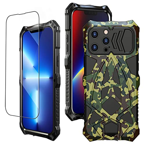 Kumwum Armor Phone Case For Iphone 13 Pro Military Grade Protective Heavy Duty Full Body Cover Aluminium Bumper Built-In Silicone Shockproof Dustproof With Lanyard - Camouflage #TOP24