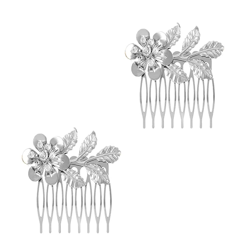 2 Pack Metal Leaf Hair Comb with Rhinestone 8 Teeth Vintage (Silver)