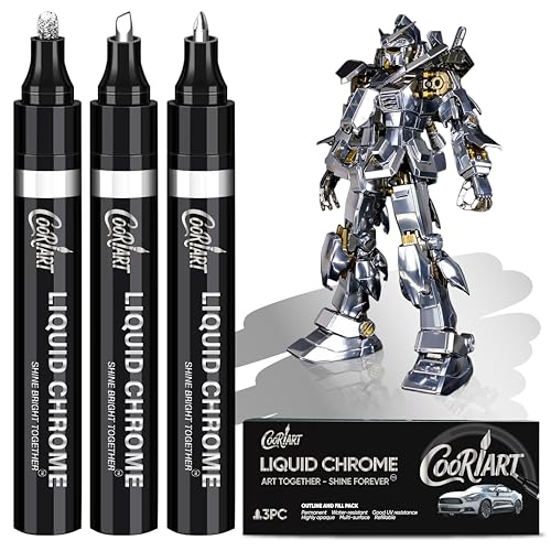COORIART 3PK Liquid Chrome Markers - Permanent Mirror Chrome Pens, Chrome Paint Pens for Plastic, Metal, Model Painting, Touch Up & Repair Kit, Set of 3 Tips (0.7mm, 1mm, 3mm)