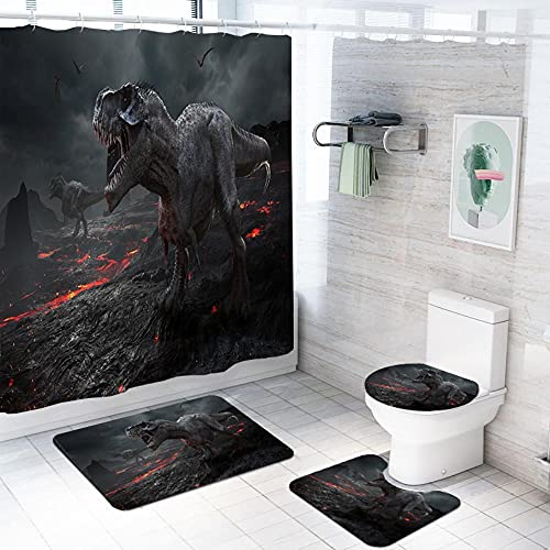 ZDDWLDL 3D Gedruckter Duschvorhänge Set Schwarz-Roter Magmatierdinosaurier Duschvorhang Set 4 Stück Badezimmer Dekor…