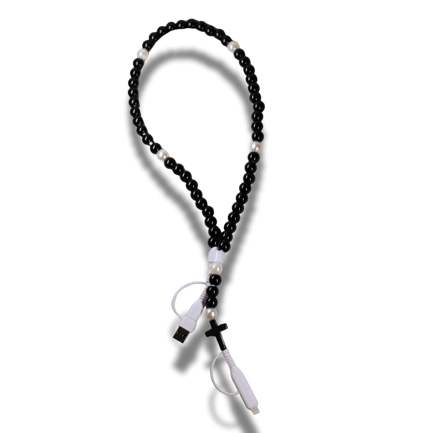 Immaculate Connection™ Rosary Phone Charger (Black Acrylic/Pearl White)