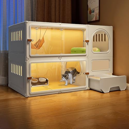 SAGGION Niche Chat Interieur Respirant Cage Trappe Chat en Résine + PP, Maison pour Chat Transparente avec Bac Litière pour Chat Fermé 6 Tailles 2 Couleurs(White,105 * 45 * 70cm)