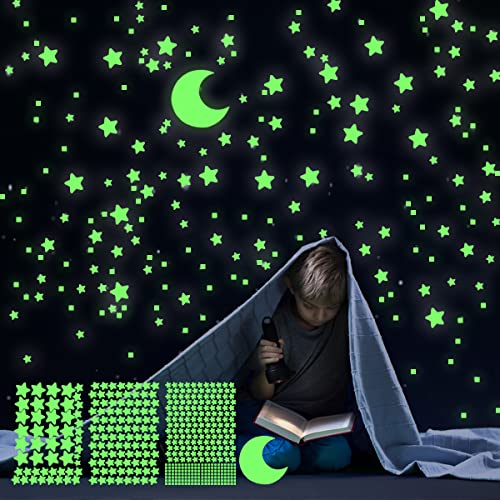 Stelle Adesive Fluorescenti da Parete, 455 Pezzi Autoadesive Stelle e Luna Luminose da Soffitto, Decorazioni per Cameretta Bambini, Stelline Luminose Adesive Colorate Decorative, Adesivi Brillante