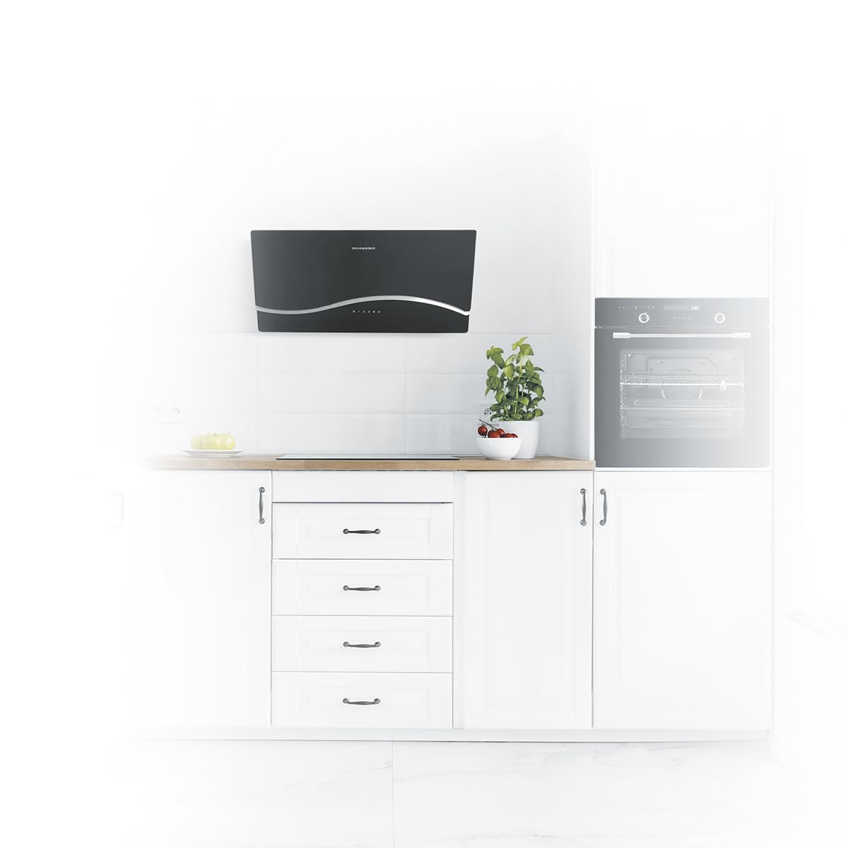 SCHNEIDER Campana Extractora, 90 cm, 550 m³/h, Inox/Negro, Control Táctil, LED, 3 Velocidades + Booster, Clase A, Silenciosa (63 dB), Filtros de Carbón Incluidos, Evacuación/Reciclaje, SCHDA960EBV
