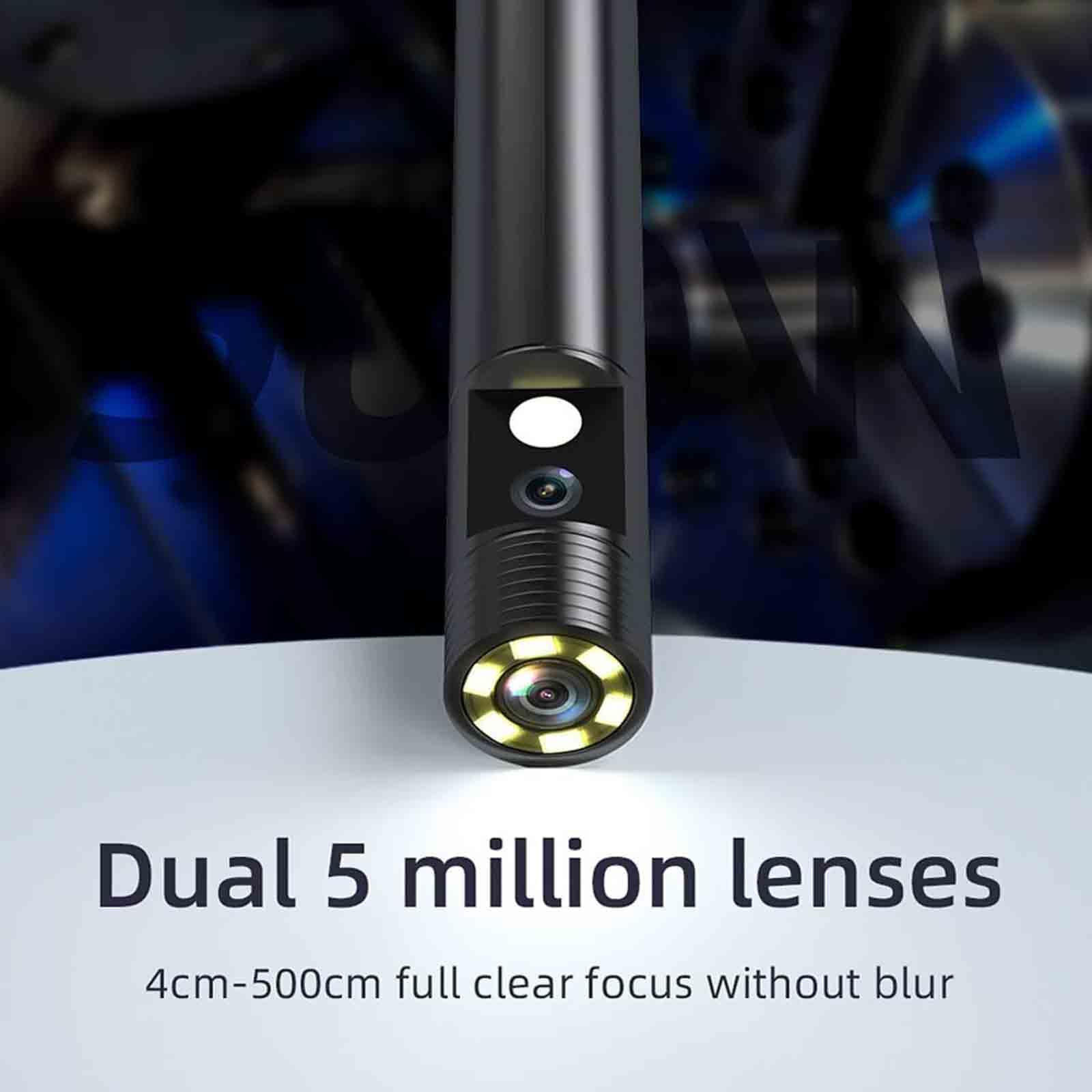 Endoscopio a doppia lente, 8 mm HD 5 milioni con telecamera di ispezione wireless a LED, periscopio industriale impermeabile IP68, cavo semirigido per riparazione auto pipeline, per manutenzione auto,
