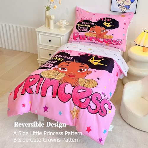 Image of 4 Piece Toddler Bedding Set for Girls,Toddler Black Girl Magic Comforter Set,Black Princess Toddler Bed Comforter Set Includes Comforter, Flat Sheet,Fitted Sheet,Pillowcase