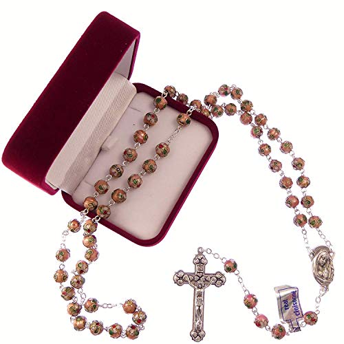 C BC Catholique Large Rose Cloisonné Chapelet de Perles Coloris Argent Chaîne + Crucifix dans une Boîte