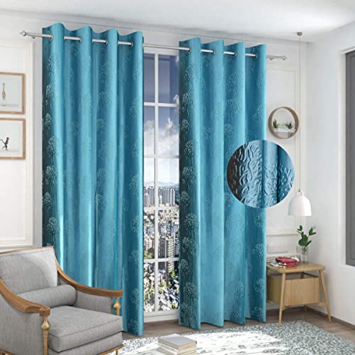 Image of Polyester Premium Tree Design Punching Screen for Home Office | Parde for Living Room Bedroom | Window Curtains 5 feet Long Set of 4 | Eyelet Rings | Blue Curtains