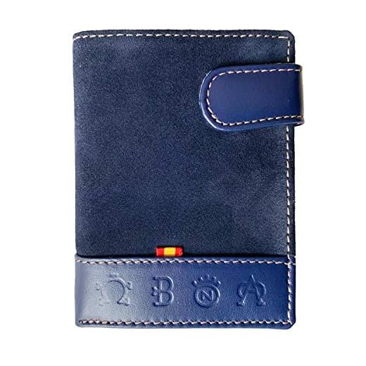 Cartera LEGADO Serraje de Ubrique hecha en piel de toro Billetera Tarjetero y Monedero para Hombre de Cuero Regalo Pulsera bandera de España y Tarjeta proteccion RFID (Marino Vertical con Broche)