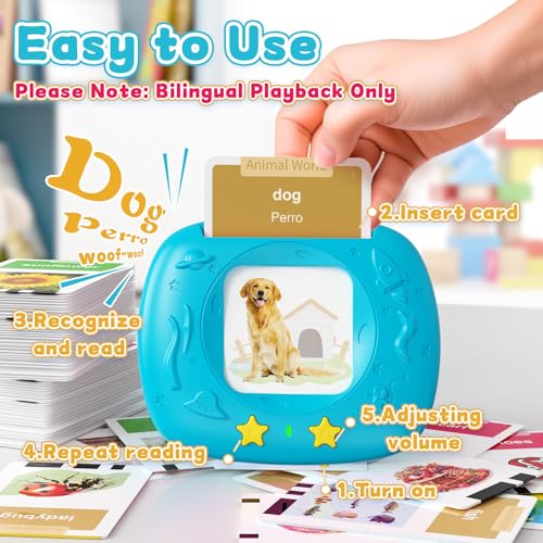 Image of HOMESTEC Toddlers Bilingual Spanish & English Talking Flash Cards, Blue | 288 Sight Words, Speech Therapy Toys, 3 4 5 6 Years Old Boys and Girls, Learning Educational Kids Gifts