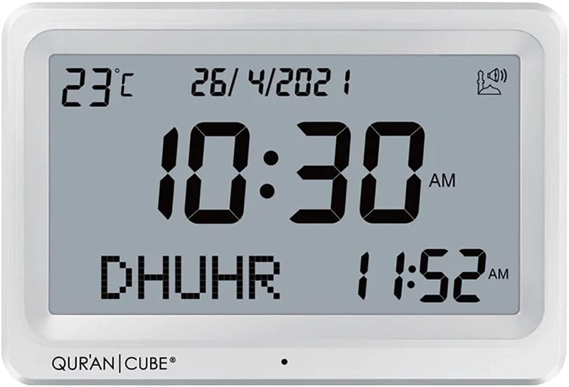 Quran Cube® Azan Alarm Table Clock, Islamic Automatic Prayer Clock, Digital Muslim Athan Prayer Clock, Ramadan Gift Prayer Alarm Clock for All Prayers (White)