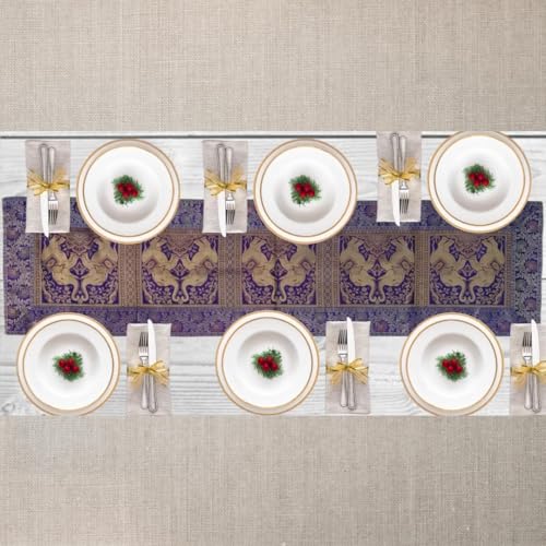 Image of Decorative Handmade Silk Table Runner Golen Brocade Dinning Table & Centre Table Top Decor Rectangular Runners Bed Runners Table Cloth for Wedding (152 X 40 CM ) (Purple)