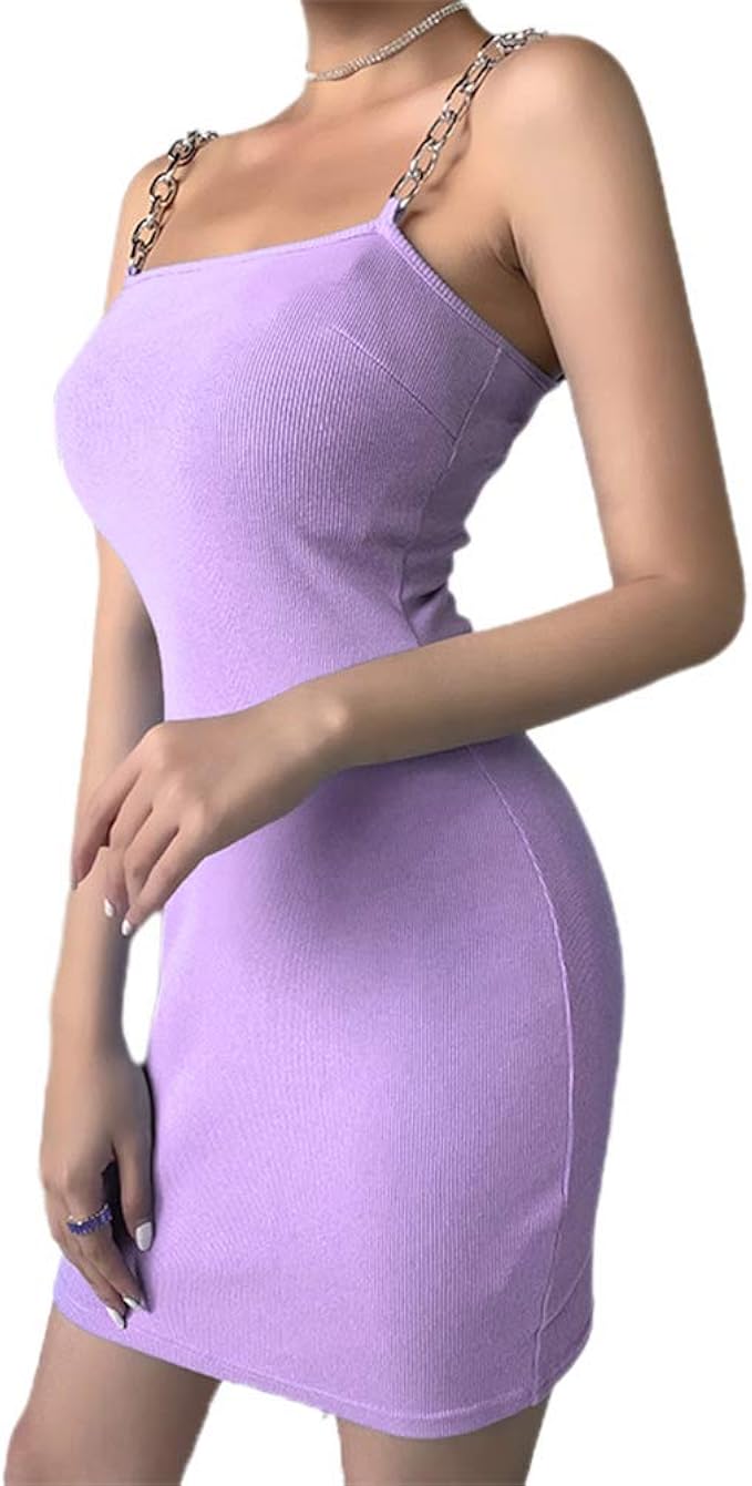 Amazon Co Jp Hosiyo レディース ボディコン ミニ ワンピース バックレスドレス チェーンショルダー セクシー カシュクール タイト リブニット ミニドレス 無地 パープル M 服 ファッション小物
