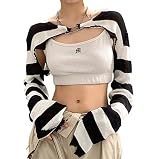 PICPUNMAK Women Grunge Crochet Knit See Through Crop Tops Cover Up Shrug Long Sleeve Crew Neck Casual Cropped Smock Top Black and White