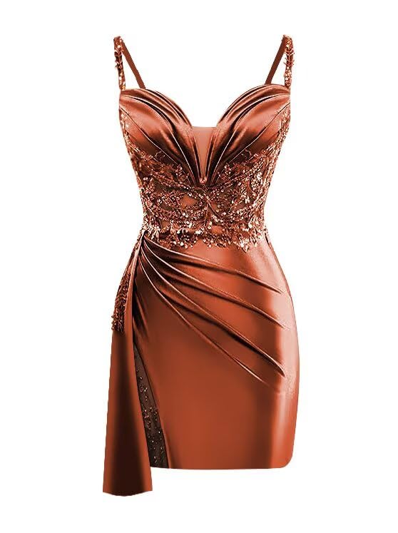 V Neck Satin Homecoming Dresses Mermaid Lace Short Porm Dress Pleated Bodycon Cocktail Dress with Tail