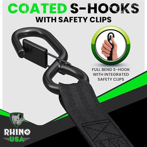 Rhino USA Retractable Ratchet Straps (4-Pack) - 1 Inch x 10 Feet (1,209lb Break Strength) - Auto Self Retracting Tie Down Straps for Truck, Cargo Trailer, Motorcycle, ATV, UTV - Black - 4