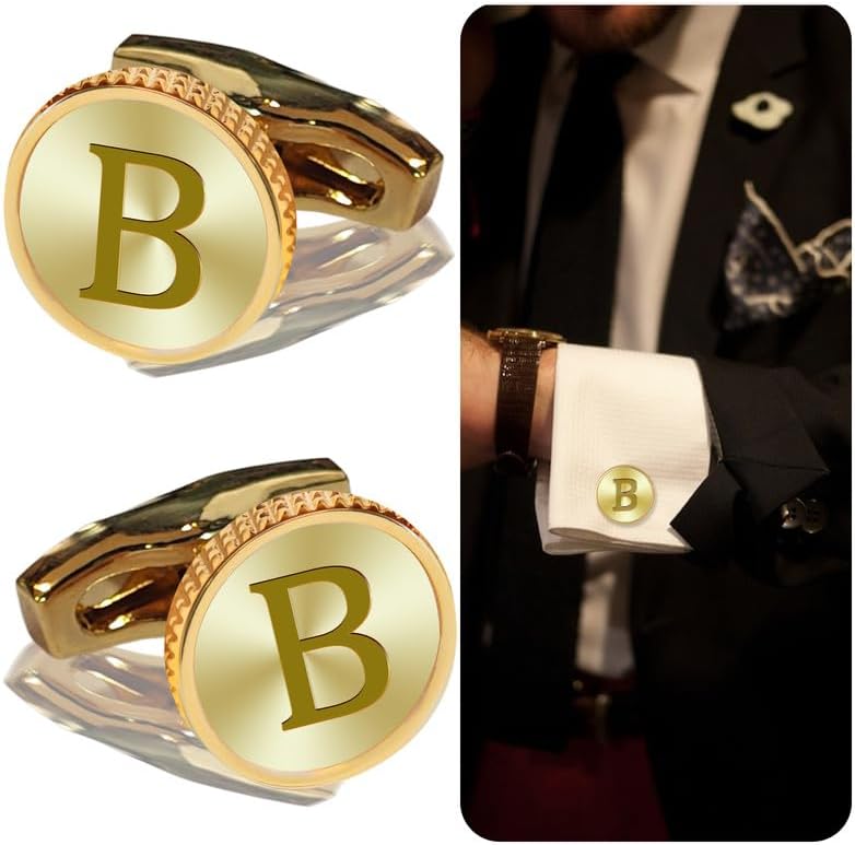 Initial Gold Cufflinks for Men Gold Letter Cuff Links Personalized Classic Mens Copper CuffLinks Set Letter Cufflinks for Casual to Formal Gift for Groom Husband Father Boyfriend (B)