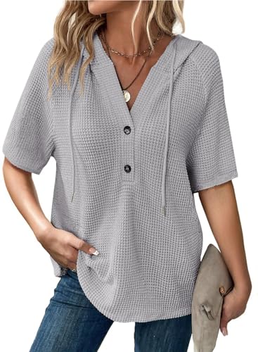Image of Dokotoo Womens Summer Tops Waffle Knit Short Sleeve Lightweight Drawstring Hoodies Button V Neck Casual Blouses Shirts